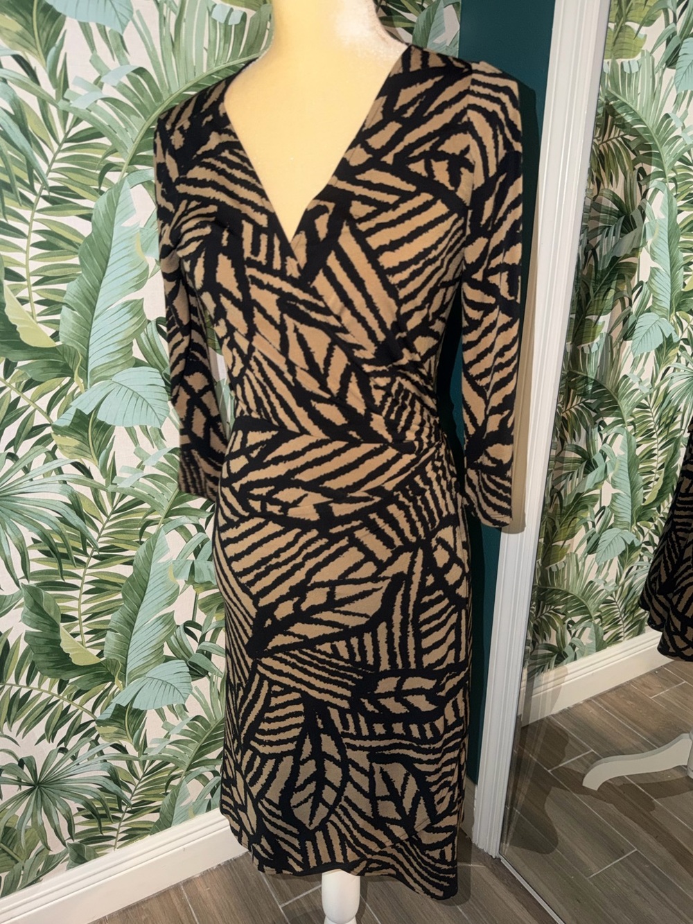 London Times Tan and Black Abstract Wrap-Style Midi Dress
